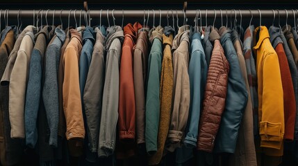 A collection of assorted jackets hanging on a clothes rack, featuring various colors, styles, and materials.