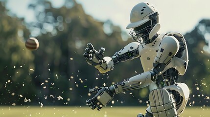 Robot Cricketer Hitting Ball: A robot cricketer executing a perfect stroke, sending the ball flying across the field.