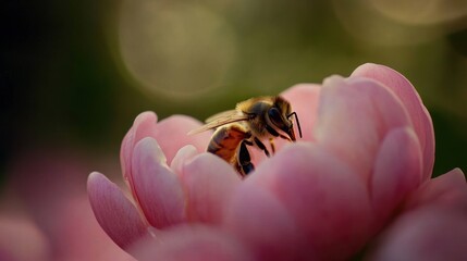Obraz premium Honeybee Gathering Nectar from a Pink Flower