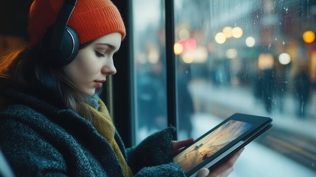 A young professional, wearing headphones and a beanie, watches a movie on a tablet while riding a bus on a rainy evening