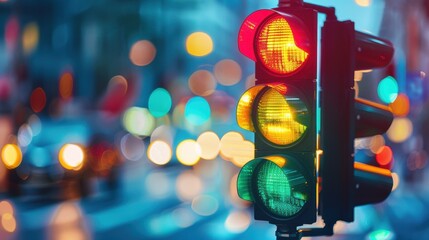 A dynamic traffic light background with a close-up of a traffic signal showing green, yellow, and red lights, against a blurred urban background, symbolizing movement and direction