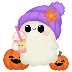 Fototapeta premium Adorable ghost with purple beanie and pumpkins holding Halloween drink