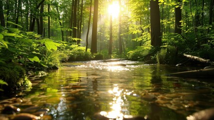 Obraz premium A serene nature background with a dense forest, a clear stream flowing through, and sunlight filtering through the leaves, creating a peaceful and refreshing atmosphere