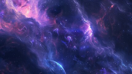 A breathtaking galaxy background with swirling nebulae, twinkling stars, and distant planets, set against the deep, dark expanse of space, showcasing the wonders of the universe