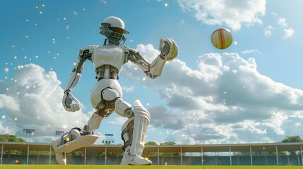 Naklejka premium Robot Cricketer Hitting Ball: A robot cricketer executing a perfect stroke, sending the ball flying across the field.