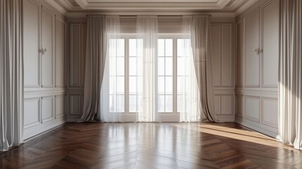 Fototapeta premium An elegant empty room background with polished hardwood floors, large windows with sheer curtains, and sophisticated wall moldings, creating a refined and inviting atmosphere