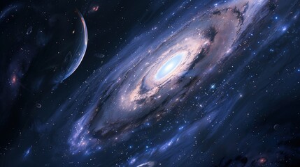 Obraz premium A breathtaking galaxy background with swirling nebulae, twinkling stars, and distant planets, set against the deep, dark expanse of space, showcasing the wonders of the universe