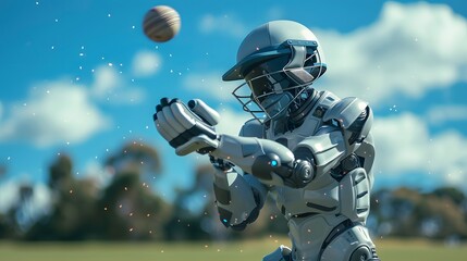 Robot Cricketer Hitting Ball: A robot cricketer executing a perfect stroke, sending the ball flying across the field.