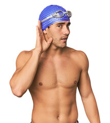 Young Hispanic man with swim gear trying to listening a gossip.