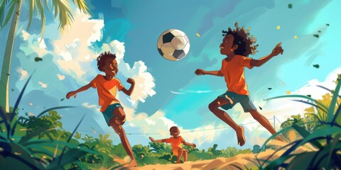 Children Playing Soccer in the Sunny Tropical Paradise