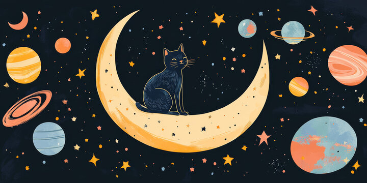Illustration of a content cat sitting on a crescent moon surrounded by planets and stars in a whimsical outer space scene.

