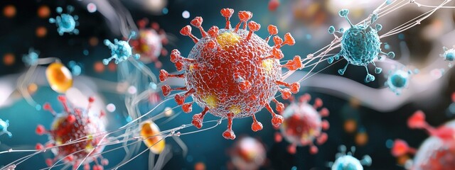 Monkeypox virus particles surrounded by defense cells shown in three dimensions