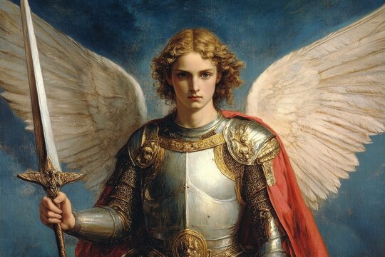Classical painting of a winged angelic figure in armor, wielding a sword against a blue sky background, symbolizing divine protection and strength