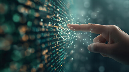 A hand is pointing at a screen with a lot of numbers and letters