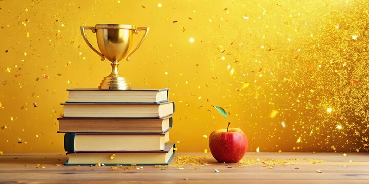 Golden trophy atop a stack of books with a red apple on a wooden table, symbolizing academic achievement, success in education, and recognition in a celebratory setting with a glittering background.
