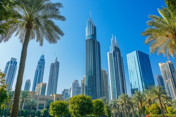 Modern skyscrapers of Dubai rise against a clear blue sky, framed by lush green palm trees in the foreground, showcasing the city's blend of nature and architecture