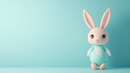 Fototapeta premium Cute bunny toy with soft expression, standing against pastel background.