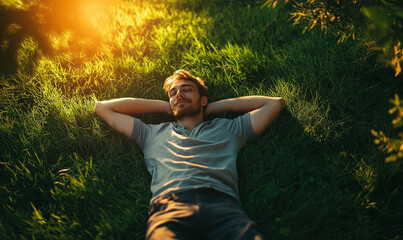 Man relaxing on grass in sunlit nature, arms behind head, peaceful outdoor moment