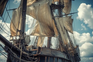 Close-up view of the intricate rigging and billowing sails of a historic sailing ship, showcasing the complexity and beauty of traditional nautical engineering © Artsaba Family