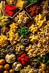Naklejka premium vibrant collection showcasing diverse italian pasta varieties various textures culinary exploration gastronomic delight, shapes, colors, cuisine, gourmet