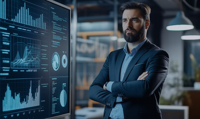 Business professional in a sleek office using AI-powered analytics on a large screen, dynamic graphs and charts, modern corporate environment