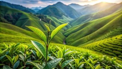 Green tea bud and fresh leaves in a stunning tea plantation in Cameron Highlands, Malaysia, tea plantations, green tea