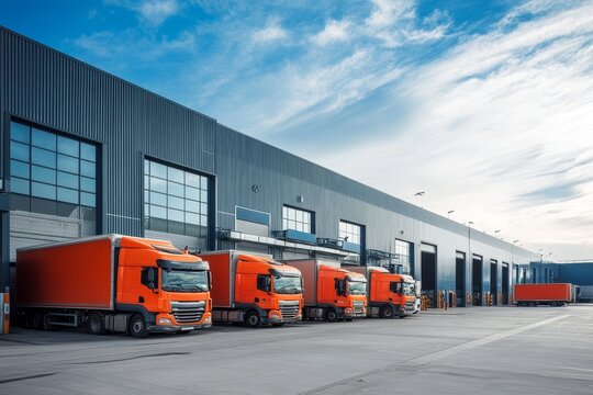 Warehouse exterior with lined-up orange trucks at loading docks, showcasing logistics and distribution operations under a blue sky