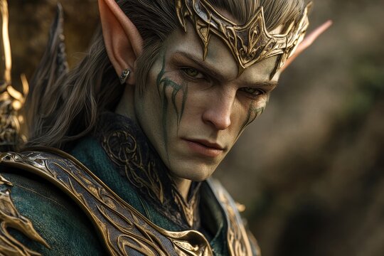 Close-up portrait of a noble elven warrior with intricate golden crown, facial tattoos, and ornate armor, showcasing fantasy character design against a blurred background