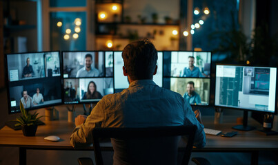 Remote workers collaborating via video conference on multiple screens, diverse team members in different home office setups, highlighting the flexibility and connectivity of modern work