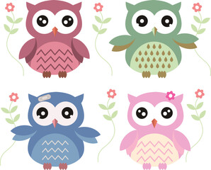 vector illustration of four owls with different colors and expressions