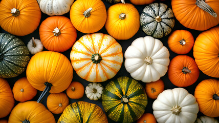 Pumpkins in various shapes, sizes, and colors, perfect for a Halloween themed concept