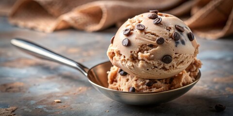 Fototapeta premium Close up of chocolate chip ice cream scoop on a textured, delicious summer background , tasty, dessert, cold, creamy, scoop