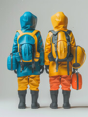 Travelers in Raincoats with Camping Gear Set Against Whimsical Background | 3D Flat Icon People with Raincoats   Adventurous Private Travel Concept