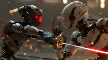 Fototapeta premium Robot Fencer in Duel: A nimble robot fencer engaging in a fast-paced duel, sword raised. 