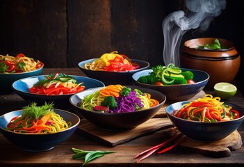 vibrant plates colorful stir fried noodles fresh vegetables garnishes showcasing culinary artistry flavorful presentation, cuisine, dish, meal, food, ingredient
