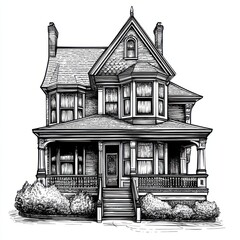 Black and white Vintage engraved art of a Victorian house, isolated on white background, ink sketch illustration, simple vector art design, highly detailed line art, high contrasty 