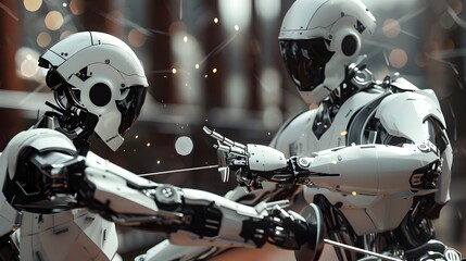 Fototapeta premium Robot Fencer in Duel: A nimble robot fencer engaging in a fast-paced duel, sword raised. 