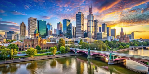 Obraz premium Vibrant cityscape of Melbourne, Victoria, Australia, cityscape, skyline, urban, architecture, modern, landmark