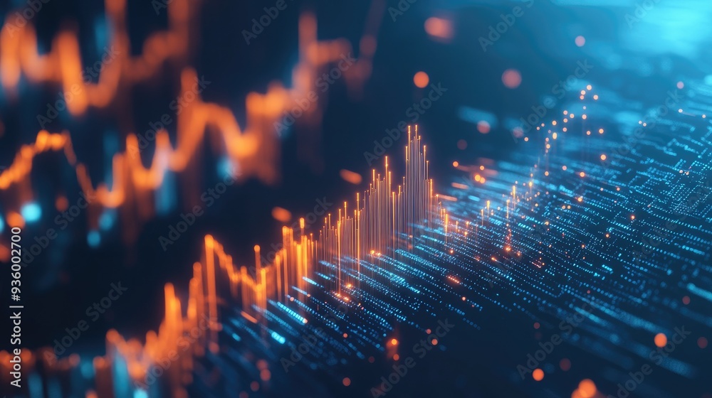 Poster dynamic 3d financial graph with abstract elements and glowing data lines.