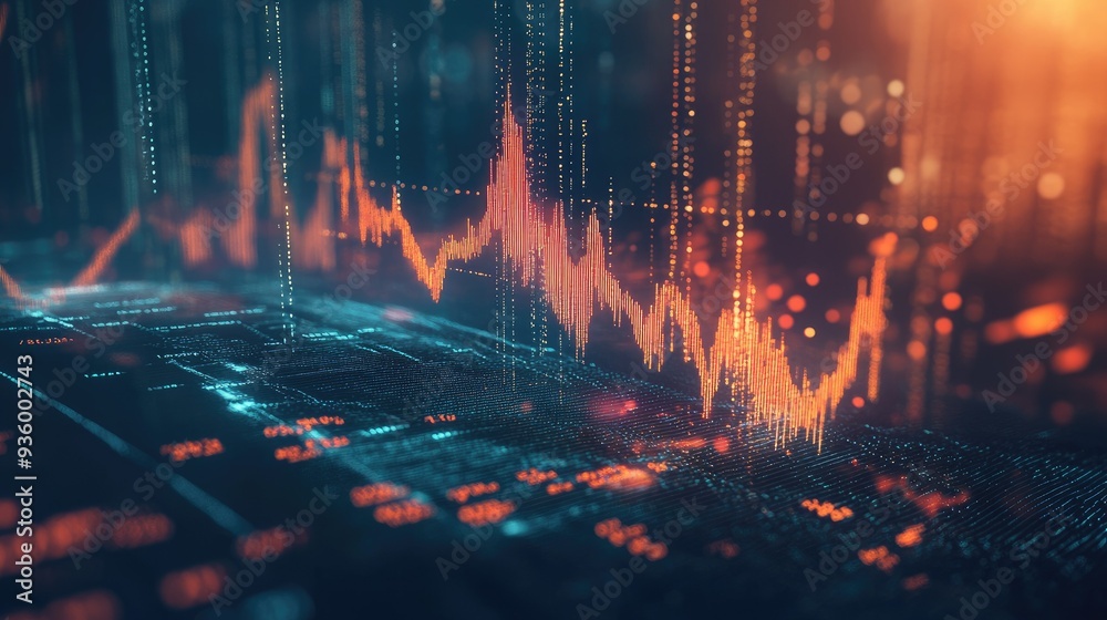 Poster dynamic 3d financial graph with abstract elements and glowing data lines.