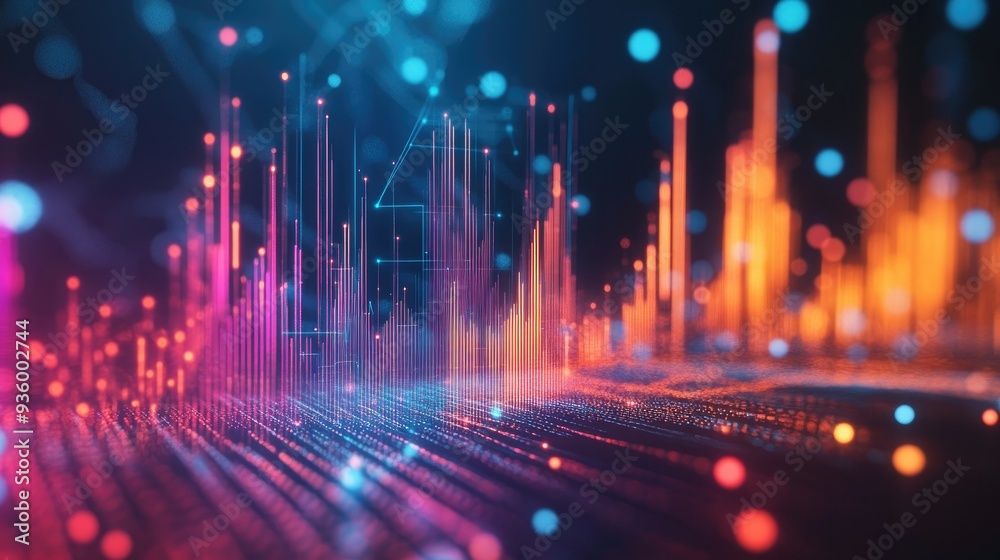 Poster dynamic 3d financial graph with abstract elements and glowing data lines.