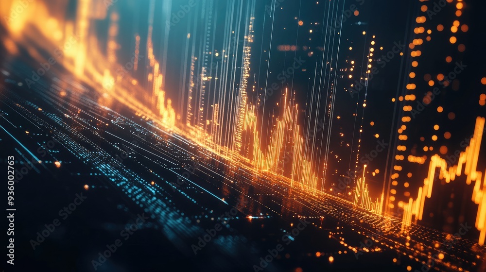 Poster dynamic 3d financial graph with abstract elements and glowing data lines.