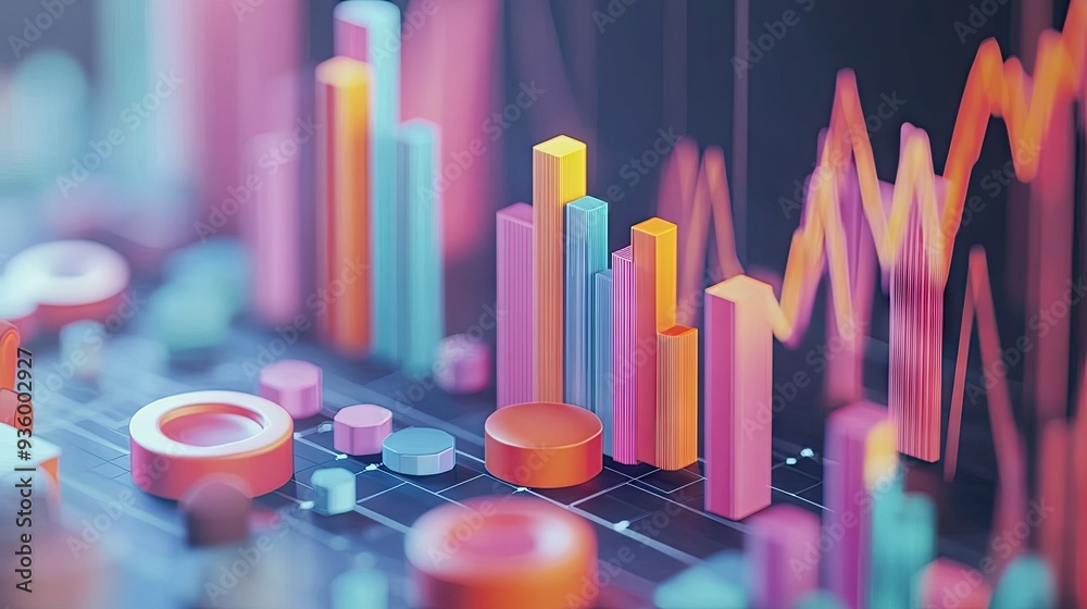Poster dynamic 3d financial graph with abstract geometric shapes representing data trends.