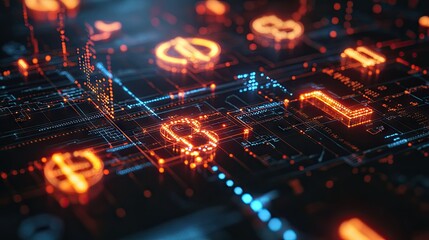 Obraz premium Dynamic 3D financial network with glowing interconnected currency symbols and a high-tech look.