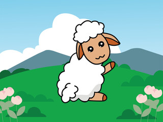 Vector illustration of cute sheep with a Landscape Background