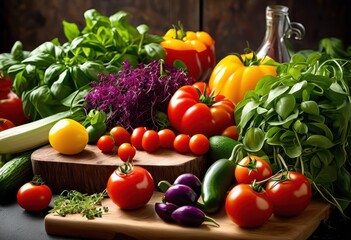 colorful vibrant arrangement fresh ingredients stunning meal presentation, display, food, dishes, culinary, vegetables, fruits, herbs, garnish, plating