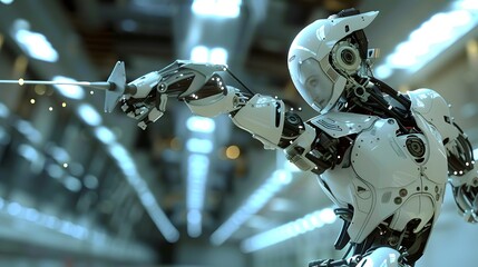 Fototapeta premium Robot Fencer in Duel: A nimble robot fencer engaging in a fast-paced duel, sword raised. 