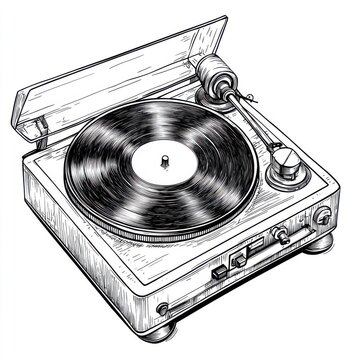 recommend clip art: Black and white Vintage engraved art of a vintage record player, isolated on white background, ink sketch illustration, simple vector art design, highly detailed line art, high contrasty 