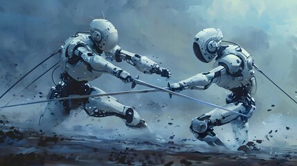 Fototapeta premium Robot Fencer in Duel: A nimble robot fencer engaging in a fast-paced duel, sword raised. 