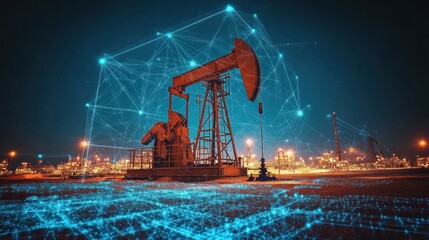 Holographic oil pump extracting machine with blue lines in oil field, concept of depletion of resources, environmental impact on climate change. Urgent need for energy transition. Carbon footprint.
